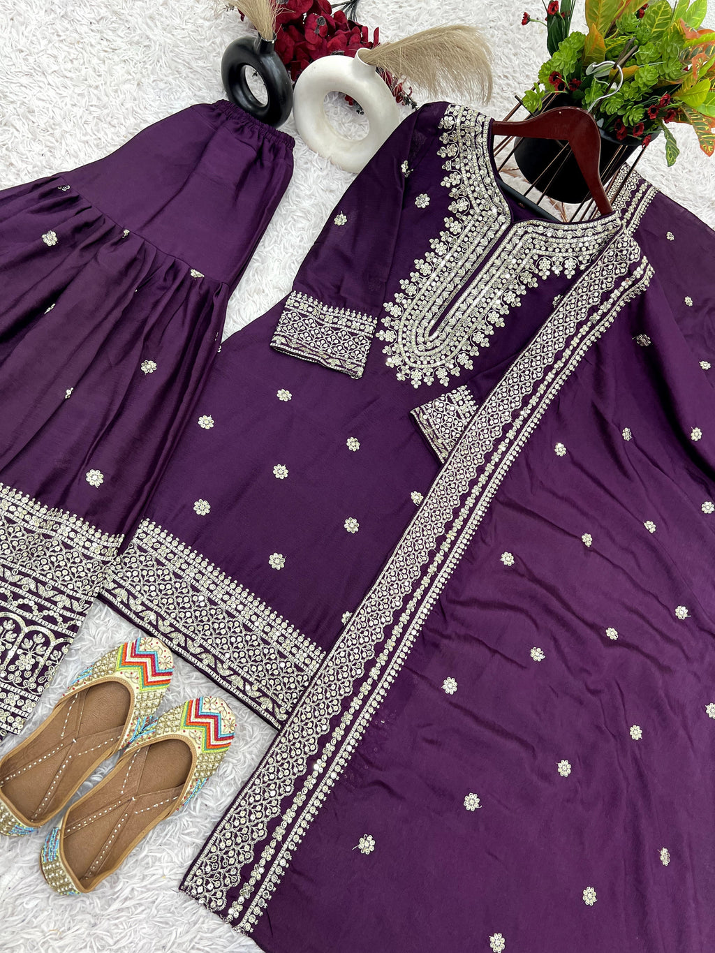 Magnificent Chinon Silk Sequins Embroidered Top Sharara Suit - ETHNICDEAL
