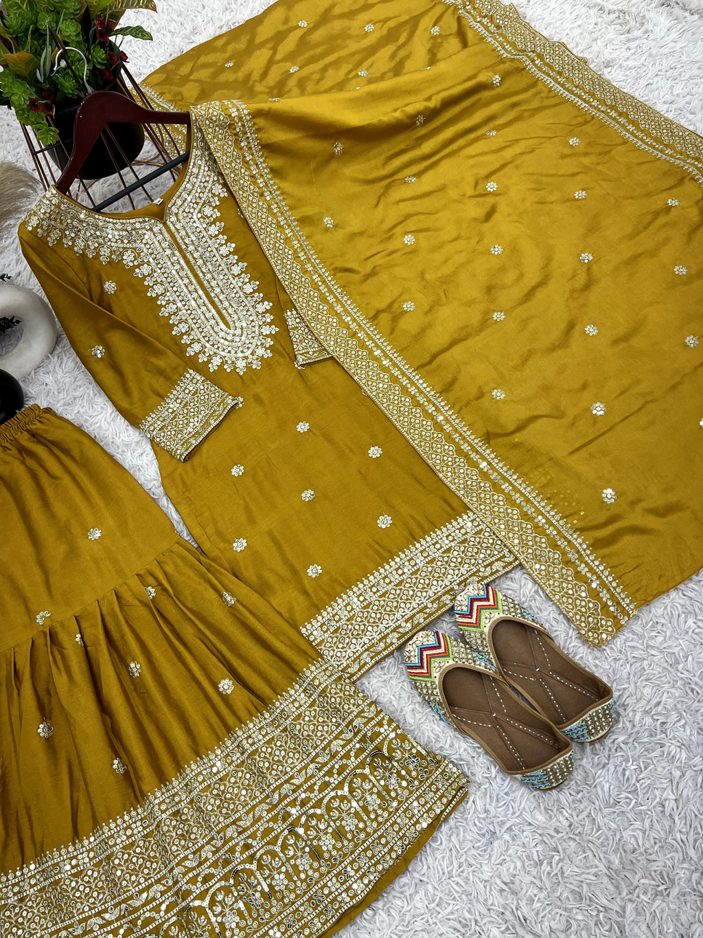 Magnificent Chinon Silk Sequins Embroidered Top Sharara Suit - ETHNICDEAL