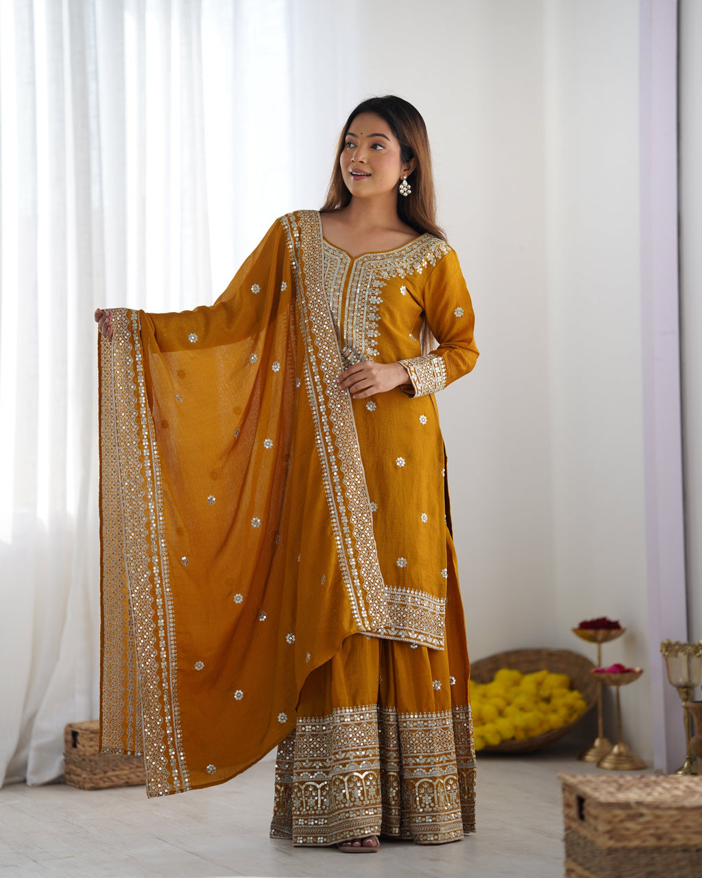Magnificent Chinon Silk Sequins Embroidered Top Sharara Suit - ETHNICDEAL