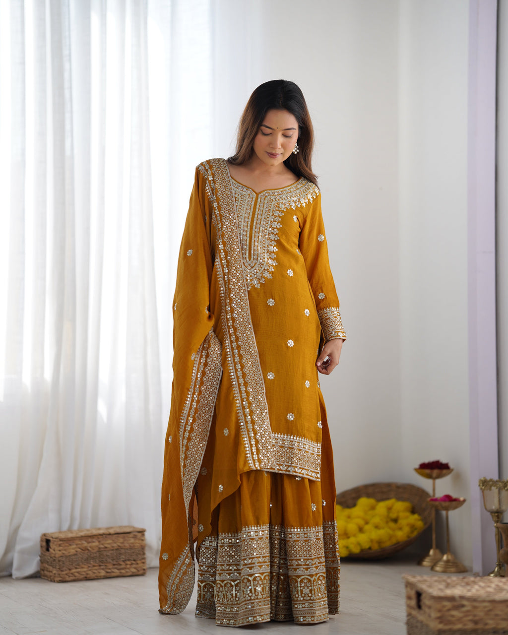 Magnificent Chinon Silk Sequins Embroidered Top Sharara Suit - ETHNICDEAL