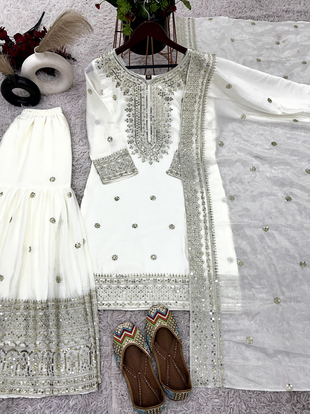 Magnificent Chinon Silk Sequins Embroidered Top Sharara Suit - ETHNICDEAL
