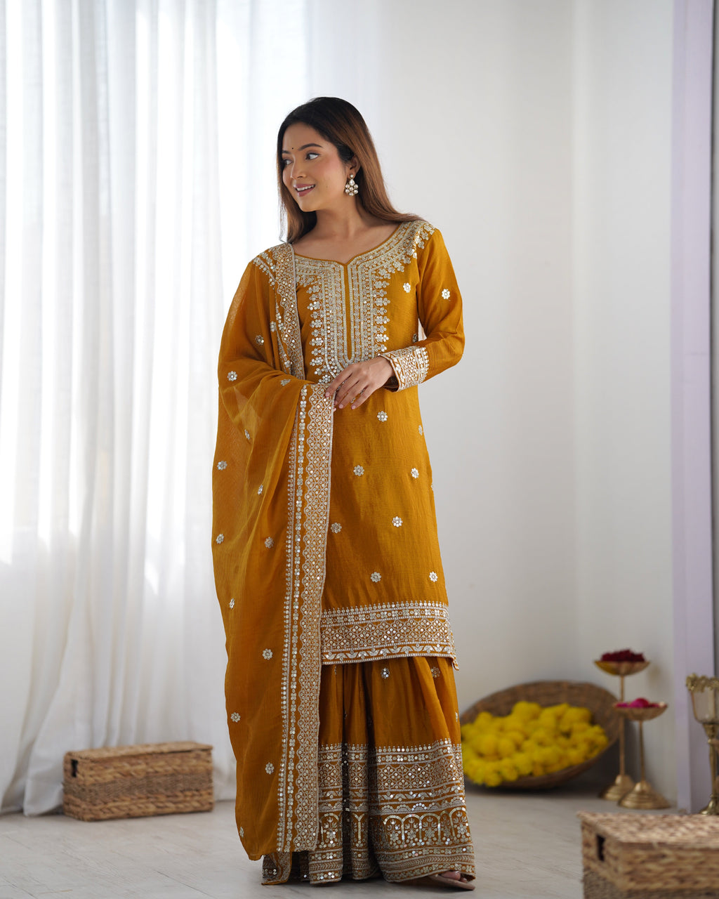 Magnificent Chinon Silk Sequins Embroidered Top Sharara Suit - ETHNICDEAL
