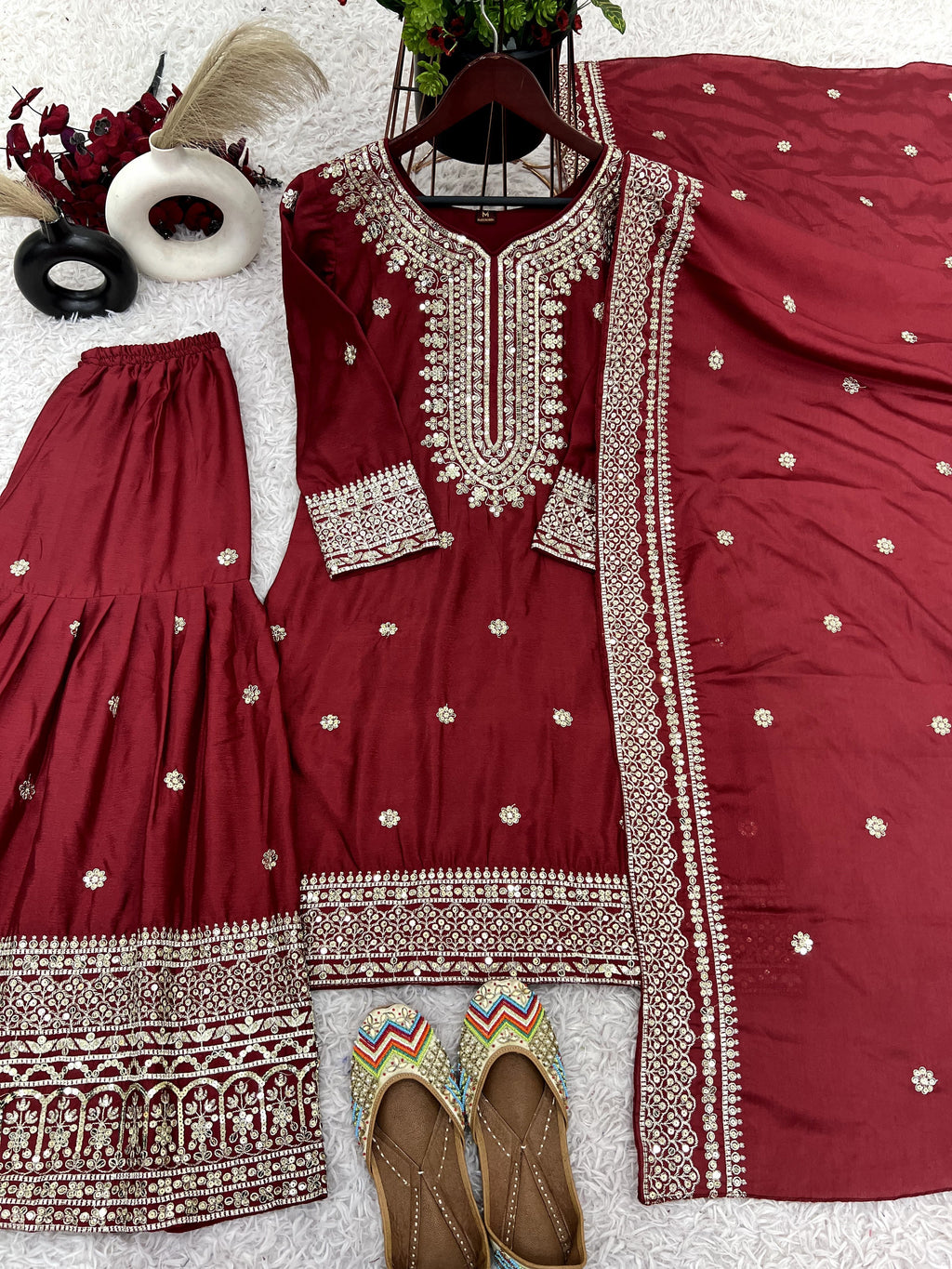 Magnificent Chinon Silk Sequins Embroidered Top Sharara Suit - ETHNICDEAL