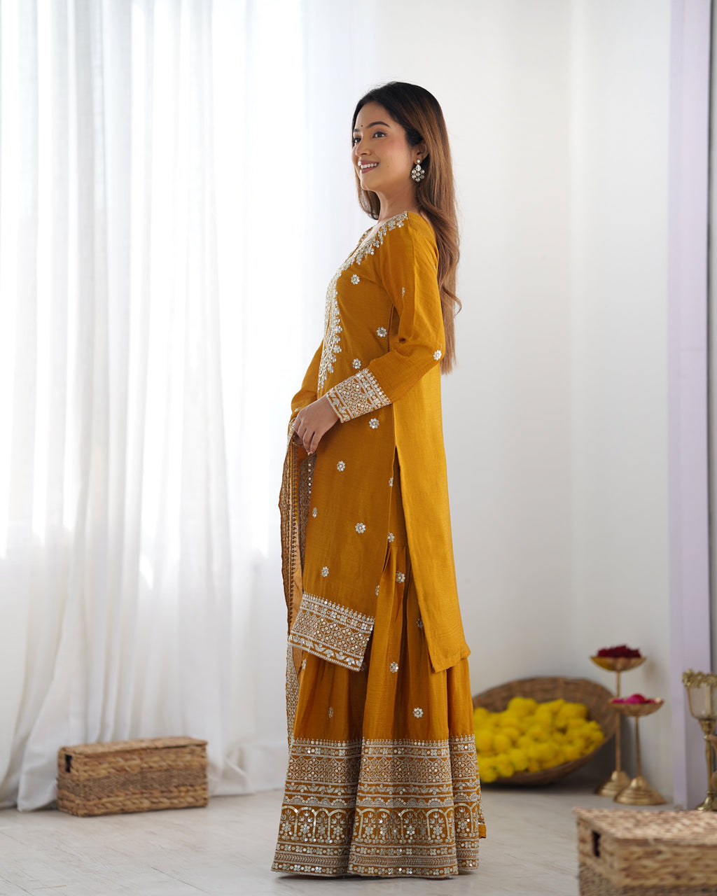 Magnificent Chinon Silk Sequins Embroidered Top Sharara Suit - ETHNICDEAL