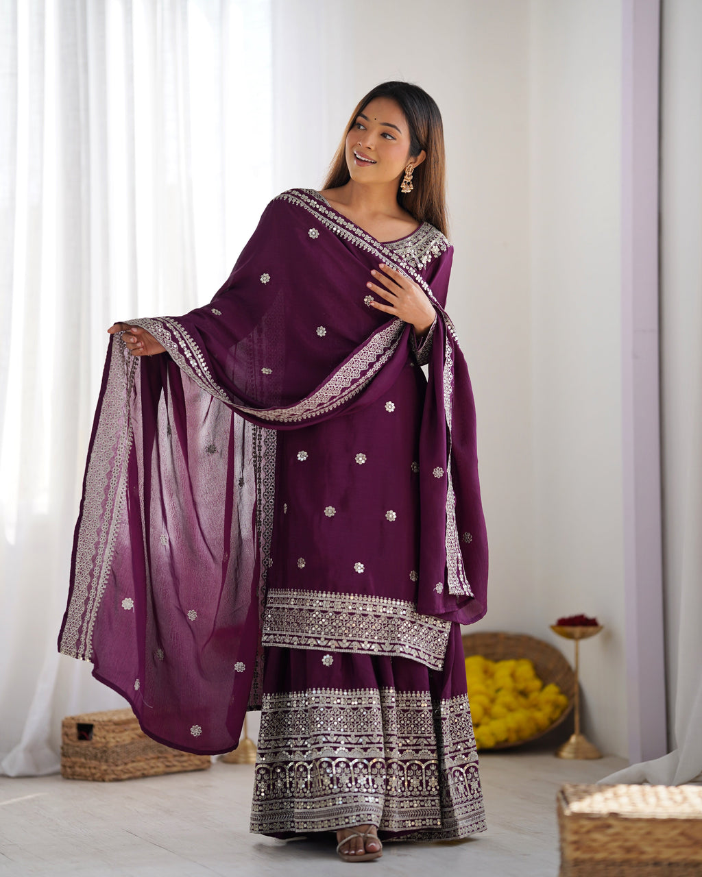 Magnificent Chinon Silk Sequins Embroidered Top Sharara Suit - ETHNICDEAL