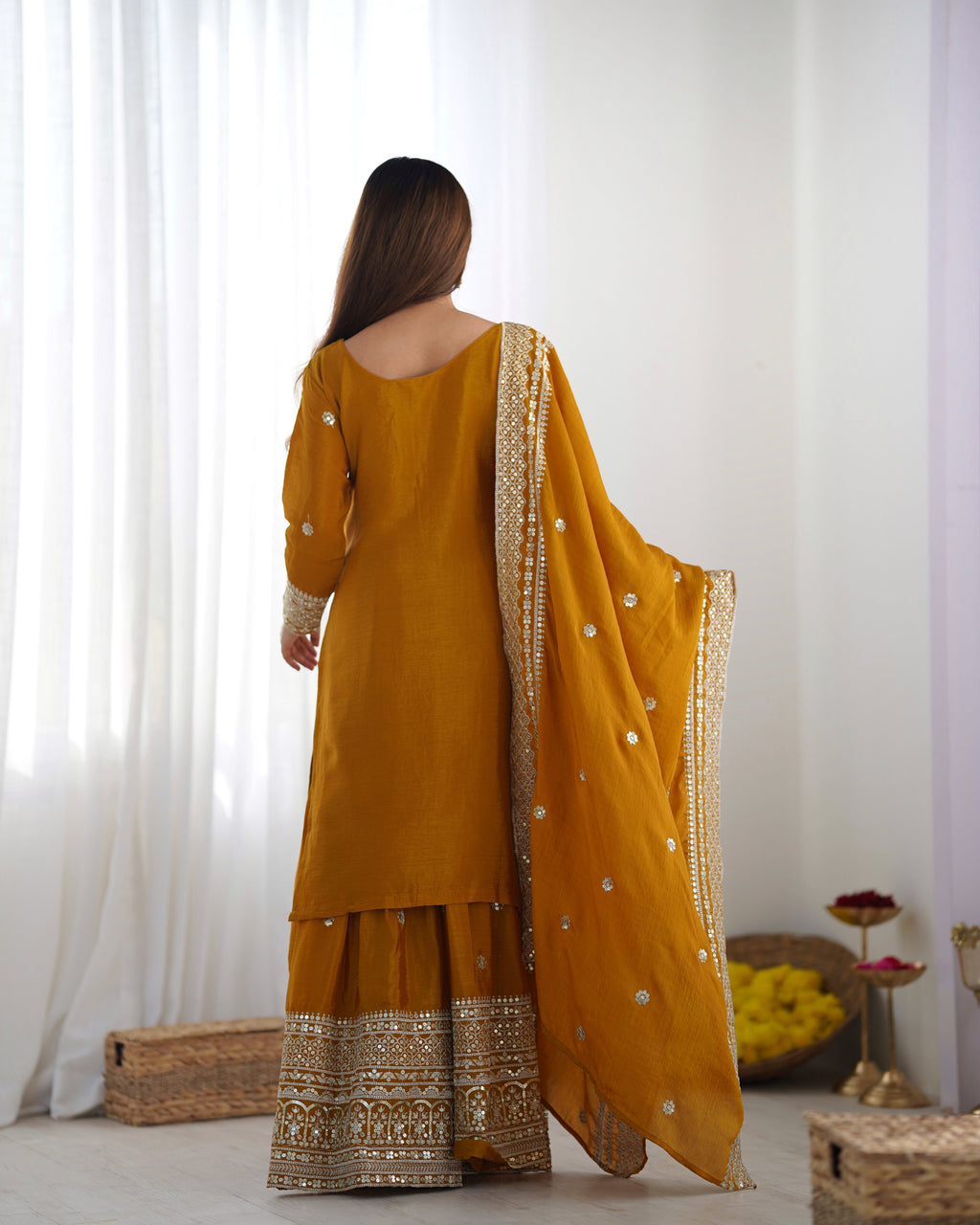 Magnificent Chinon Silk Sequins Embroidered Top Sharara Suit - ETHNICDEAL