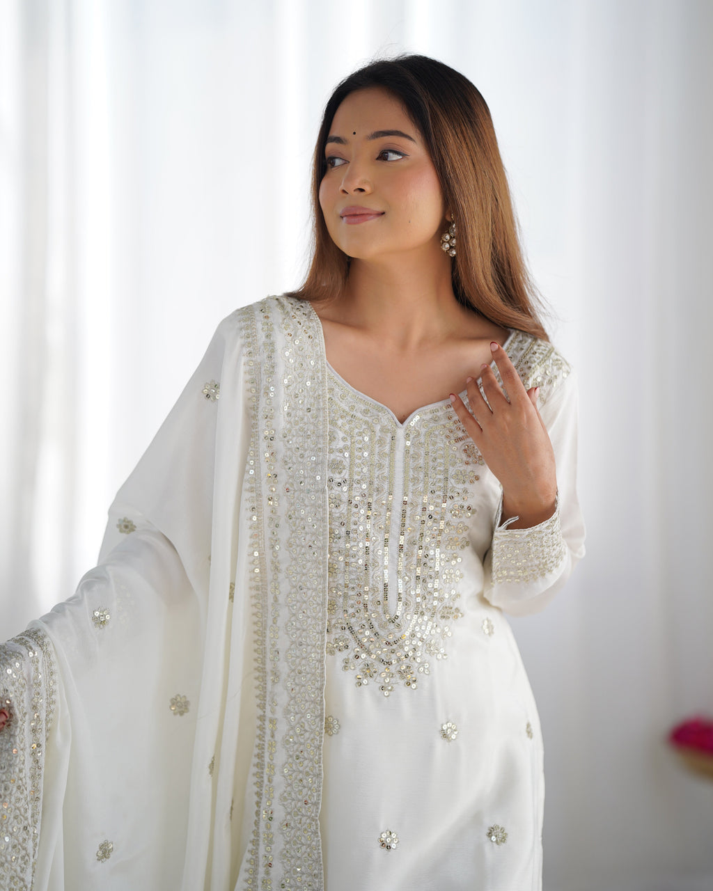 Magnificent Chinon Silk Sequins Embroidered Top Sharara Suit - ETHNICDEAL