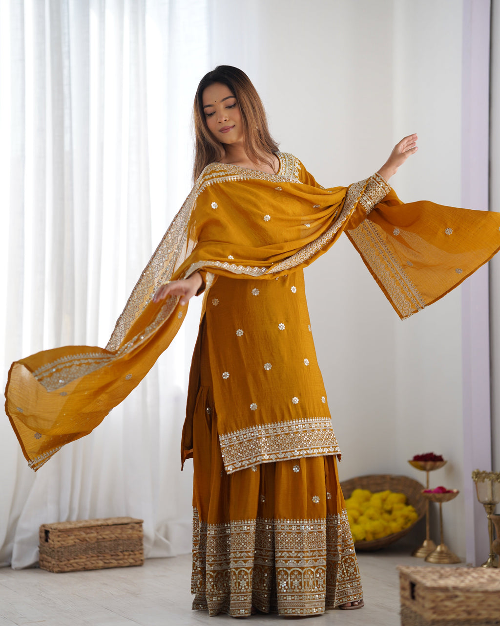 Magnificent Chinon Silk Sequins Embroidered Top Sharara Suit - ETHNICDEAL