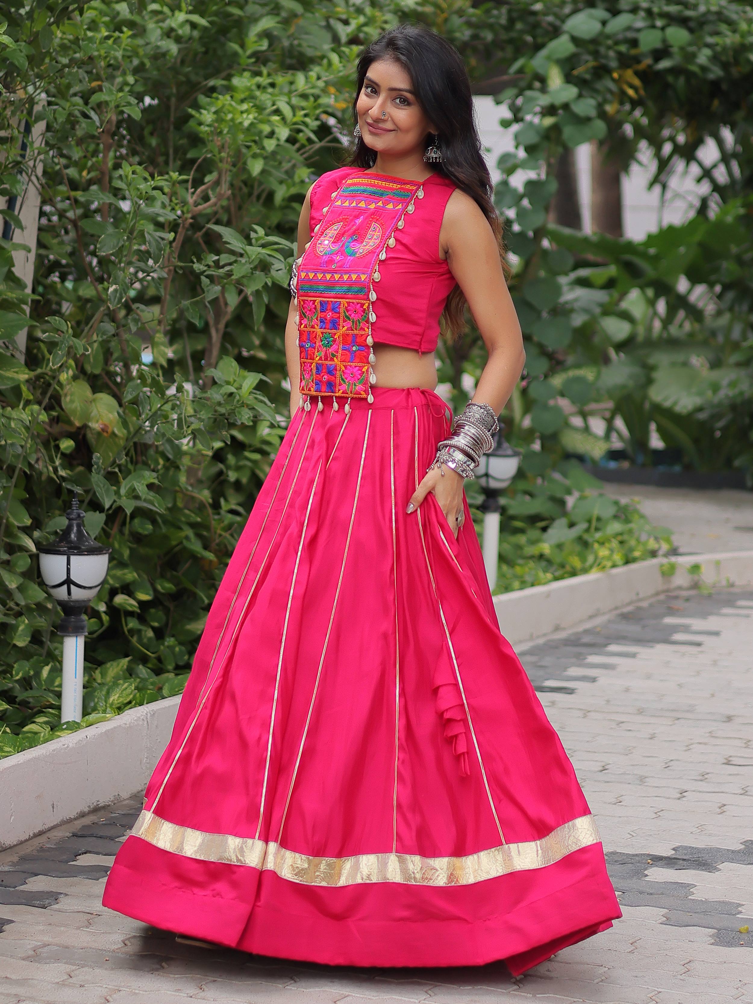 Gorgeous Pink Silk Kutchi Gamthi Work Navratri Wear Crop Top Lehenga
