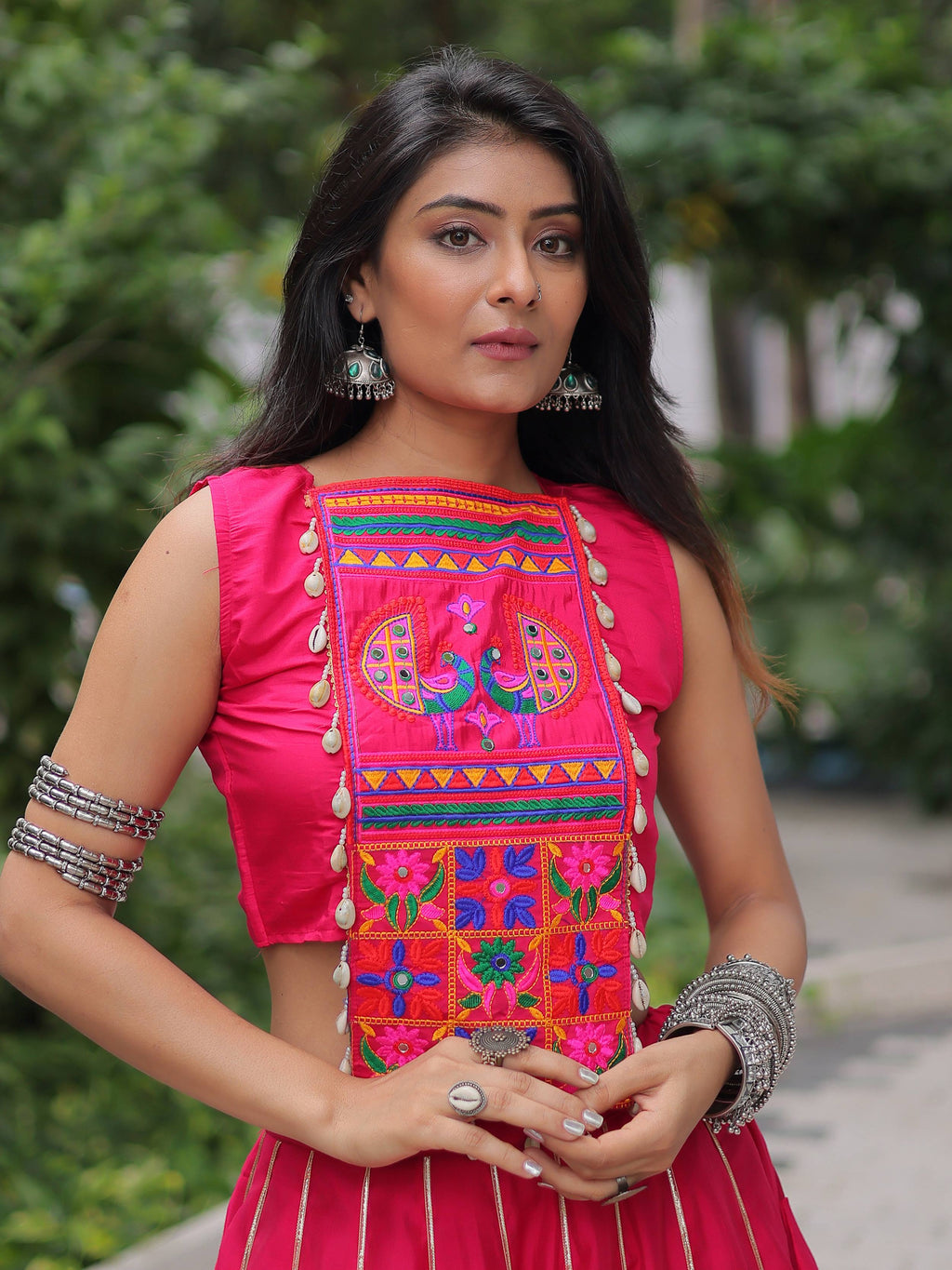 Gorgeous Pink Silk Kutchi Gamthi Work Navratri Wear Crop Top Lehenga