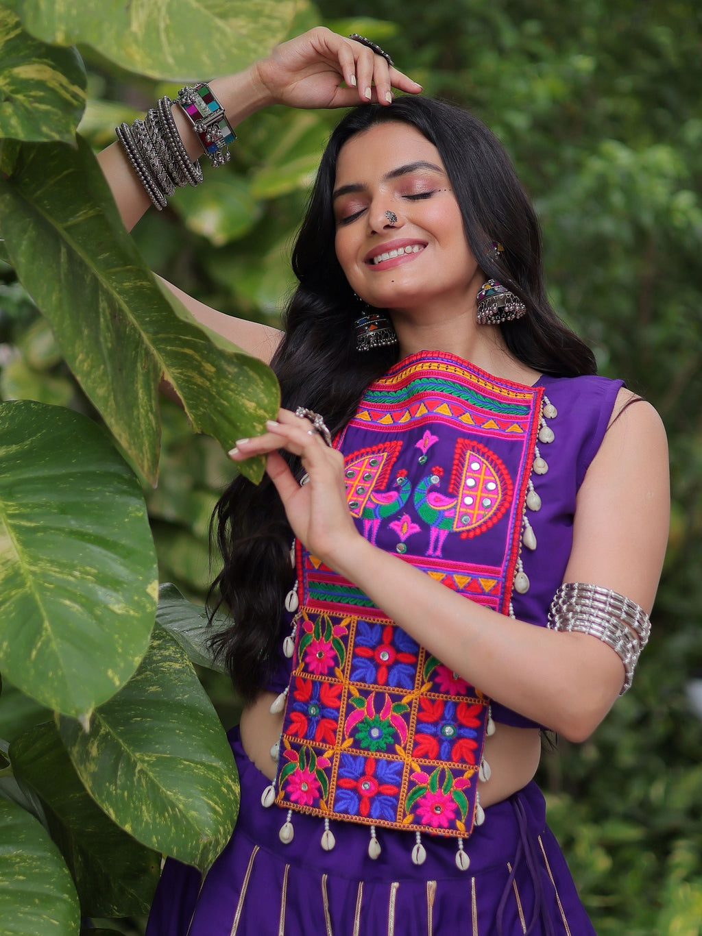 Alluring Purple Silk Gota Patti Work Navratri Special Crop Top Lehenga