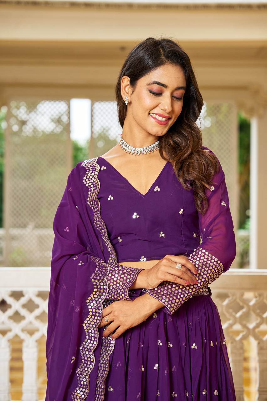 Exquisite Faux Georgette Lehenga Choli Heavy Sequin Embroidery With Dupatta - ETHNICDEAL