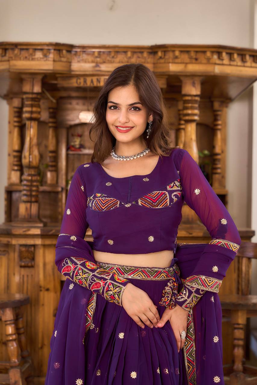 Elegant Faux Georgette Lehenga Choli with Heavy Sequin & Thread Embroidery - ETHNICDEAL