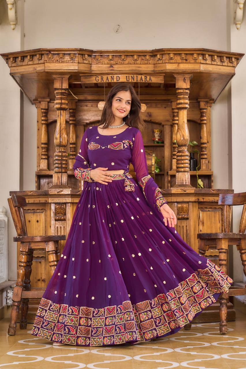 Elegant Faux Georgette Lehenga Choli with Heavy Sequin & Thread Embroidery - ETHNICDEAL