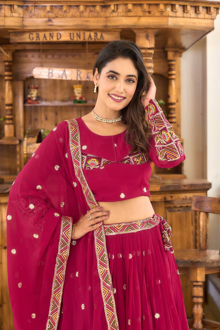 Elegant Faux Georgette Lehenga Choli with Heavy Sequin & Thread Embroidery - ETHNICDEAL