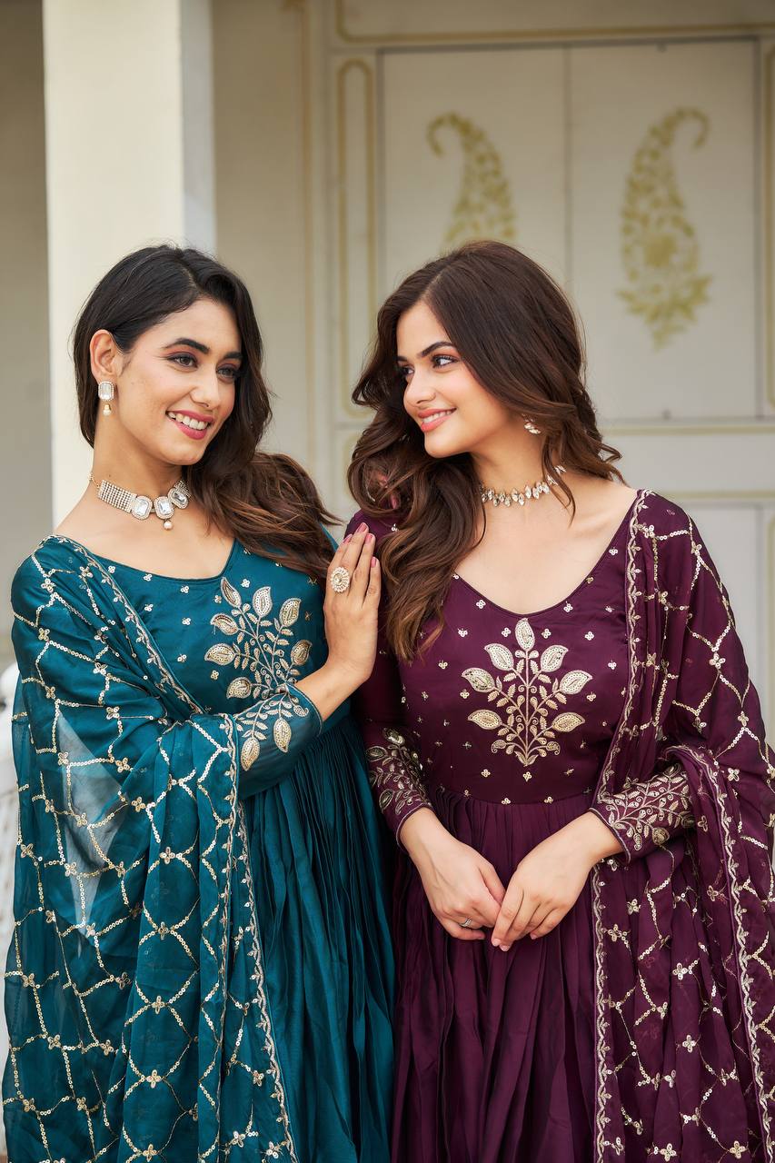 Elegant Pure Rangoli Gown Heavy Sequin Embroidery With Matching Dupatta - ETHNICDEAL