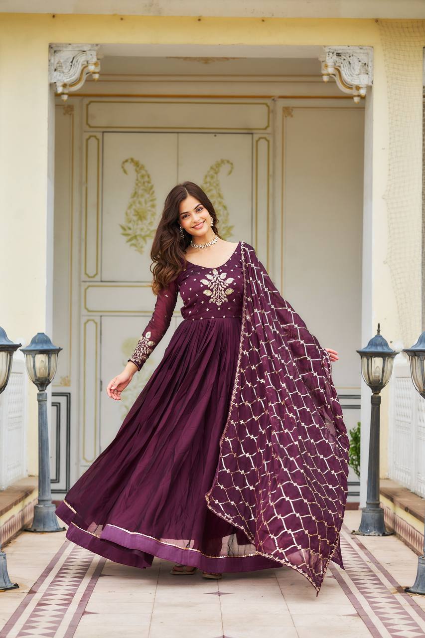 Elegant Pure Rangoli Gown Heavy Sequin Embroidery With Matching Dupatta - ETHNICDEAL