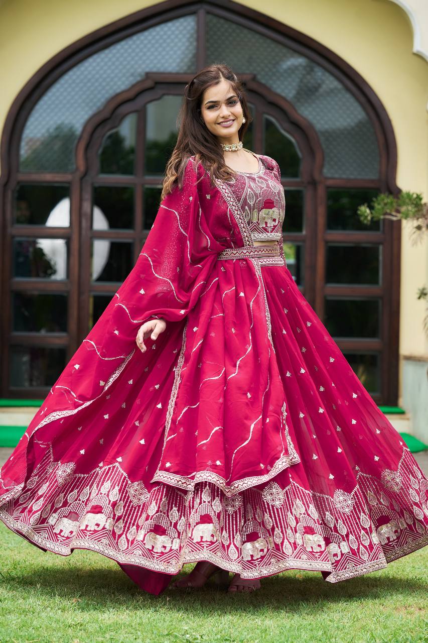 Designer Heavy Faux Georgette Lehenga Choli With Embroidery Sequin Work & Belt - ETHNICDEAL