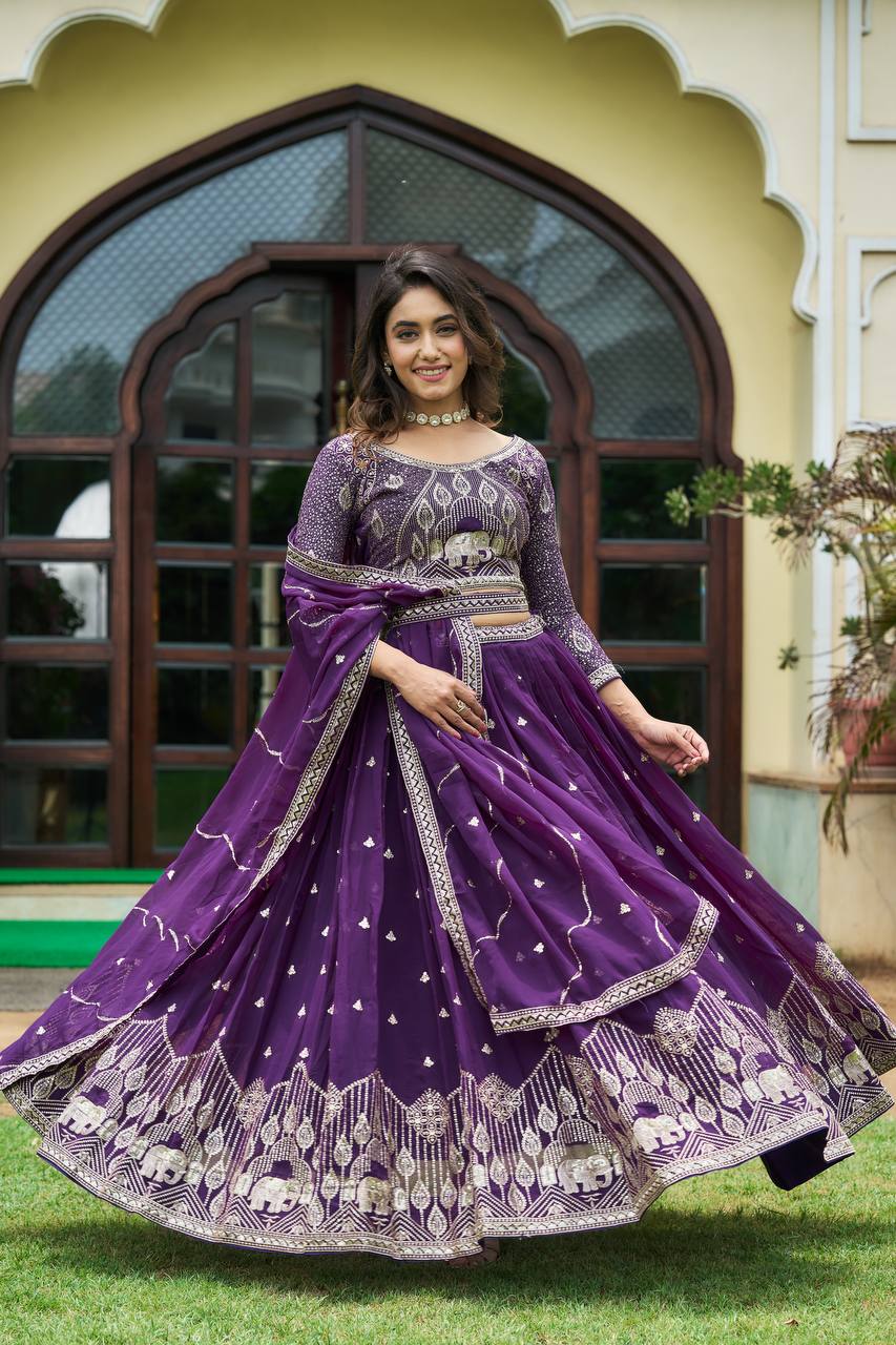 Designer Heavy Faux Georgette Lehenga Choli With Embroidery Sequin Work & Belt - ETHNICDEAL