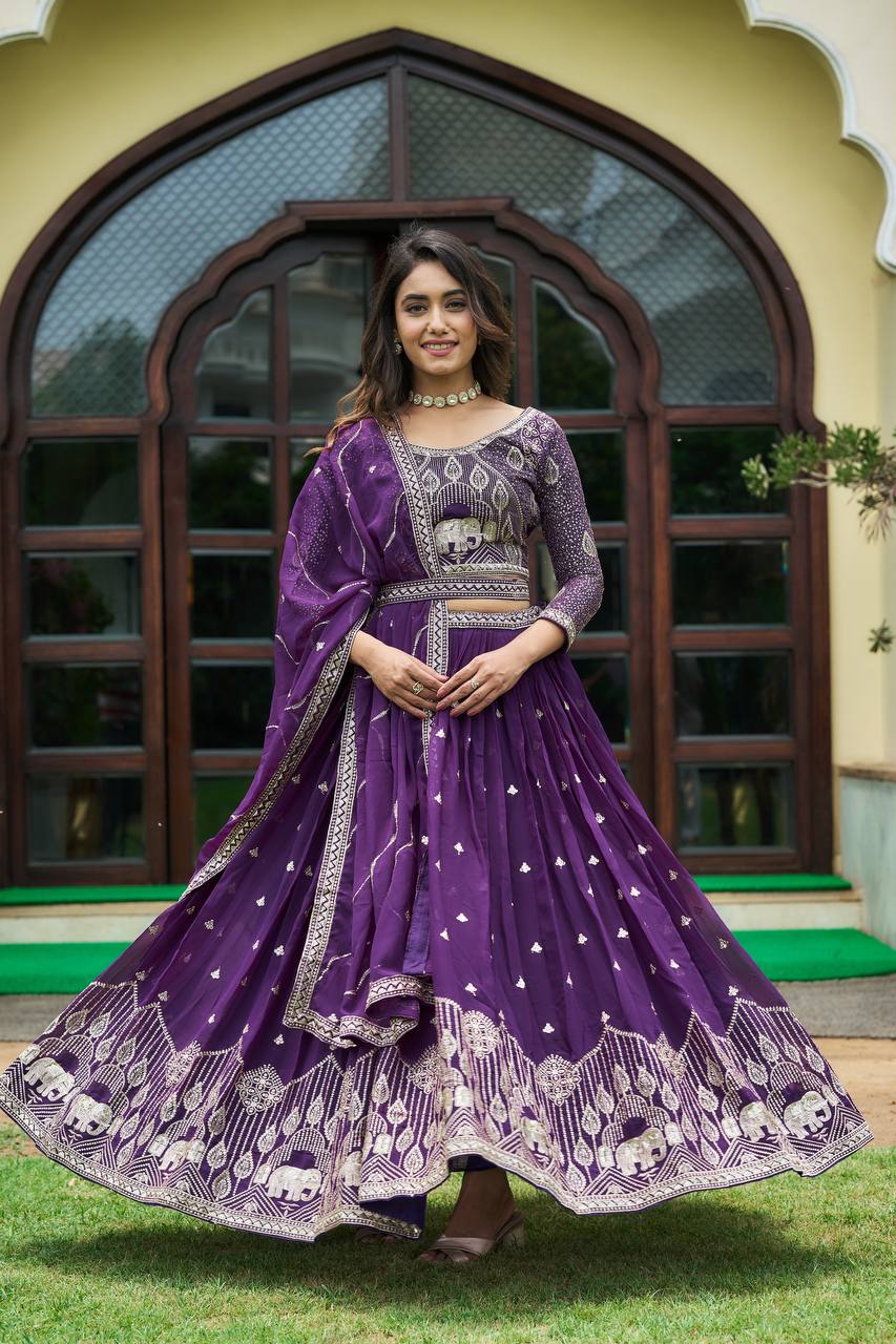 Designer Heavy Faux Georgette Lehenga Choli With Embroidery Sequin Work & Belt - ETHNICDEAL