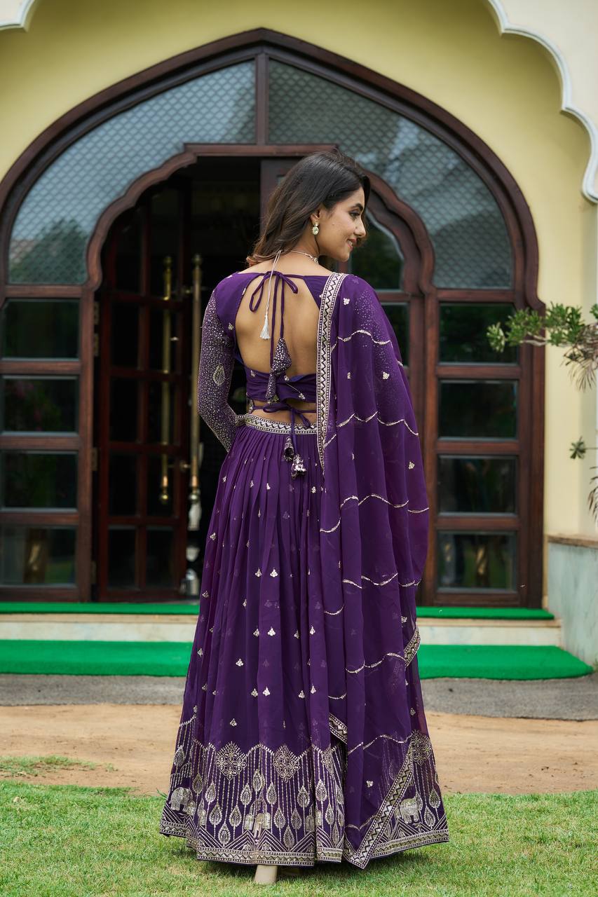 Designer Heavy Faux Georgette Lehenga Choli With Embroidery Sequin Work & Belt - ETHNICDEAL