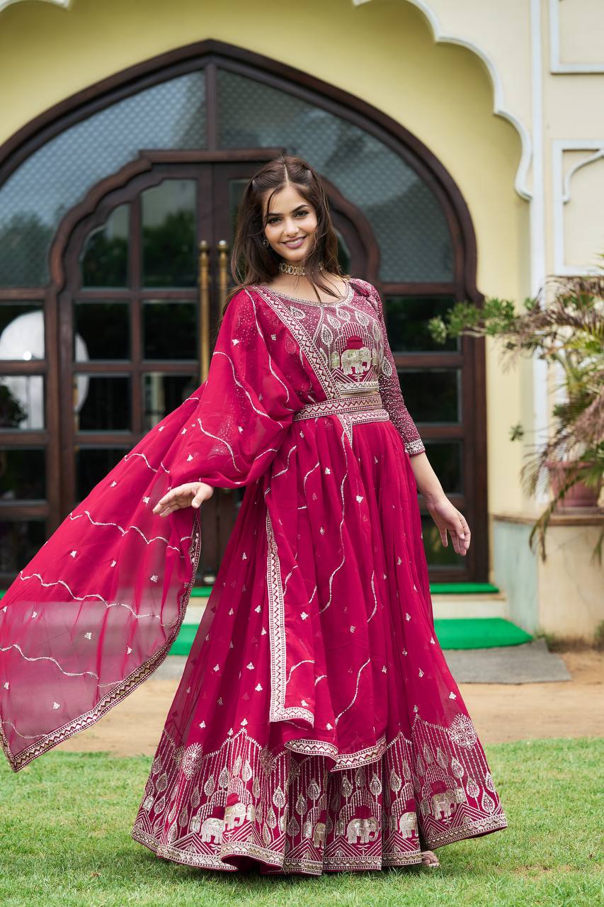 Designer Heavy Faux Georgette Lehenga Choli With Embroidery Sequin Work & Belt - ETHNICDEAL