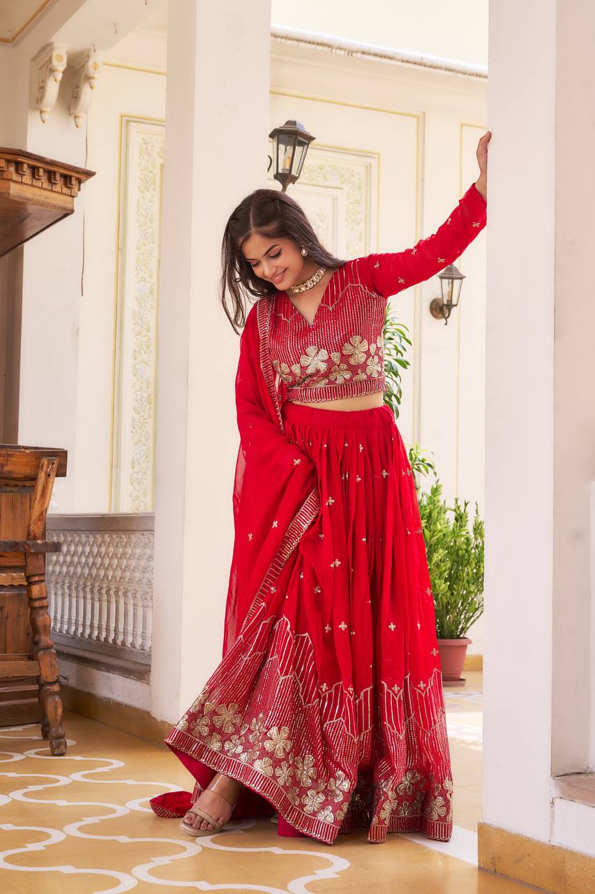 Elegant Faux Georgette Embroidered Lehenga Choli With Matching Dupatta - ETHNICDEAL
