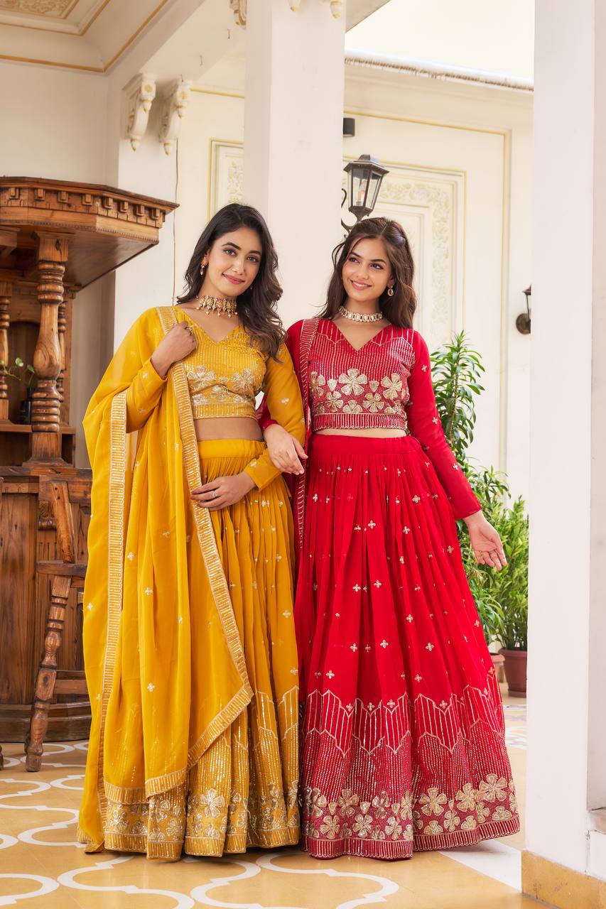 Elegant Faux Georgette Embroidered Lehenga Choli With Matching Dupatta - ETHNICDEAL