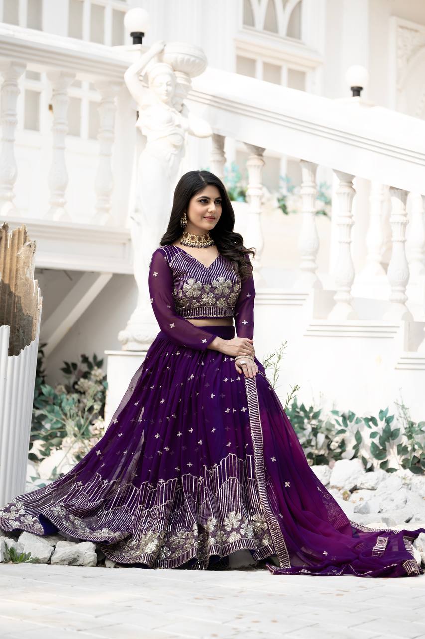 Elegant Faux Georgette Embroidered Lehenga Choli With Matching Dupatta - ETHNICDEAL
