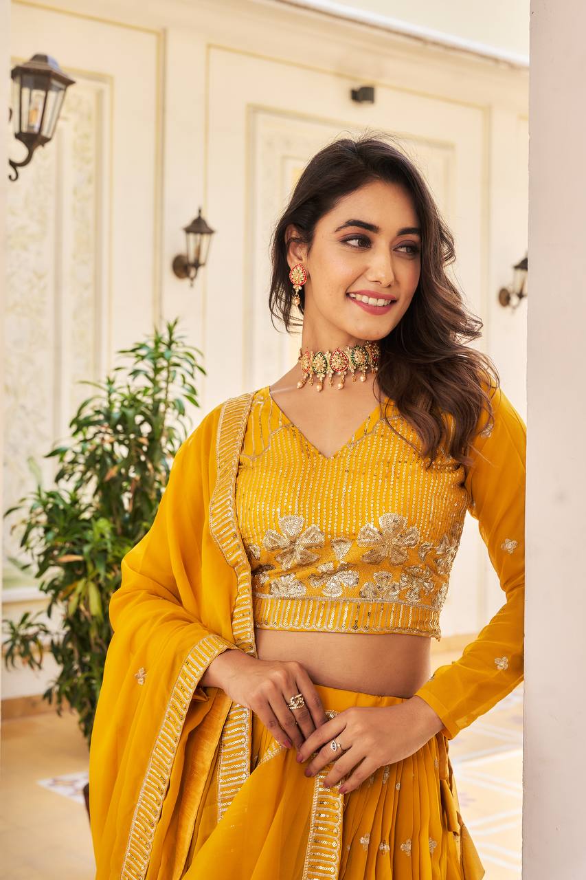 Elegant Faux Georgette Embroidered Lehenga Choli With Matching Dupatta - ETHNICDEAL
