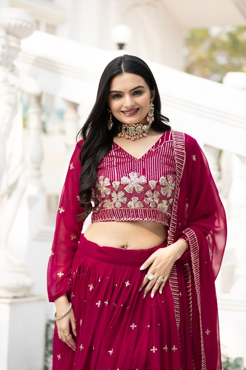 Elegant Faux Georgette Embroidered Lehenga Choli With Matching Dupatta - ETHNICDEAL