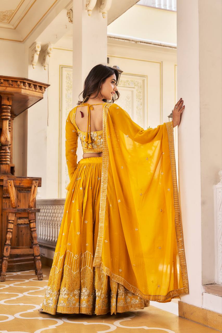 Elegant Faux Georgette Embroidered Lehenga Choli With Matching Dupatta - ETHNICDEAL