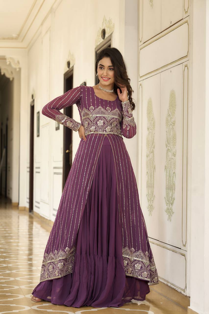 Designer Faux Georgette Lehenga Choli With Attached Embroidered Shrug - ETHNICDEAL