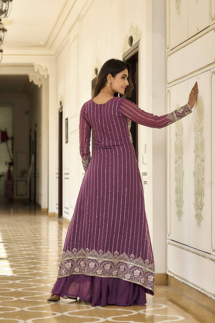 Designer Faux Georgette Lehenga Choli With Attached Embroidered Shrug - ETHNICDEAL