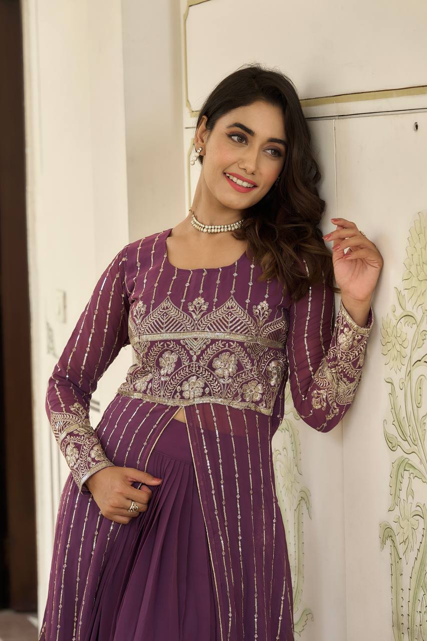 Designer Faux Georgette Lehenga Choli With Attached Embroidered Shrug - ETHNICDEAL