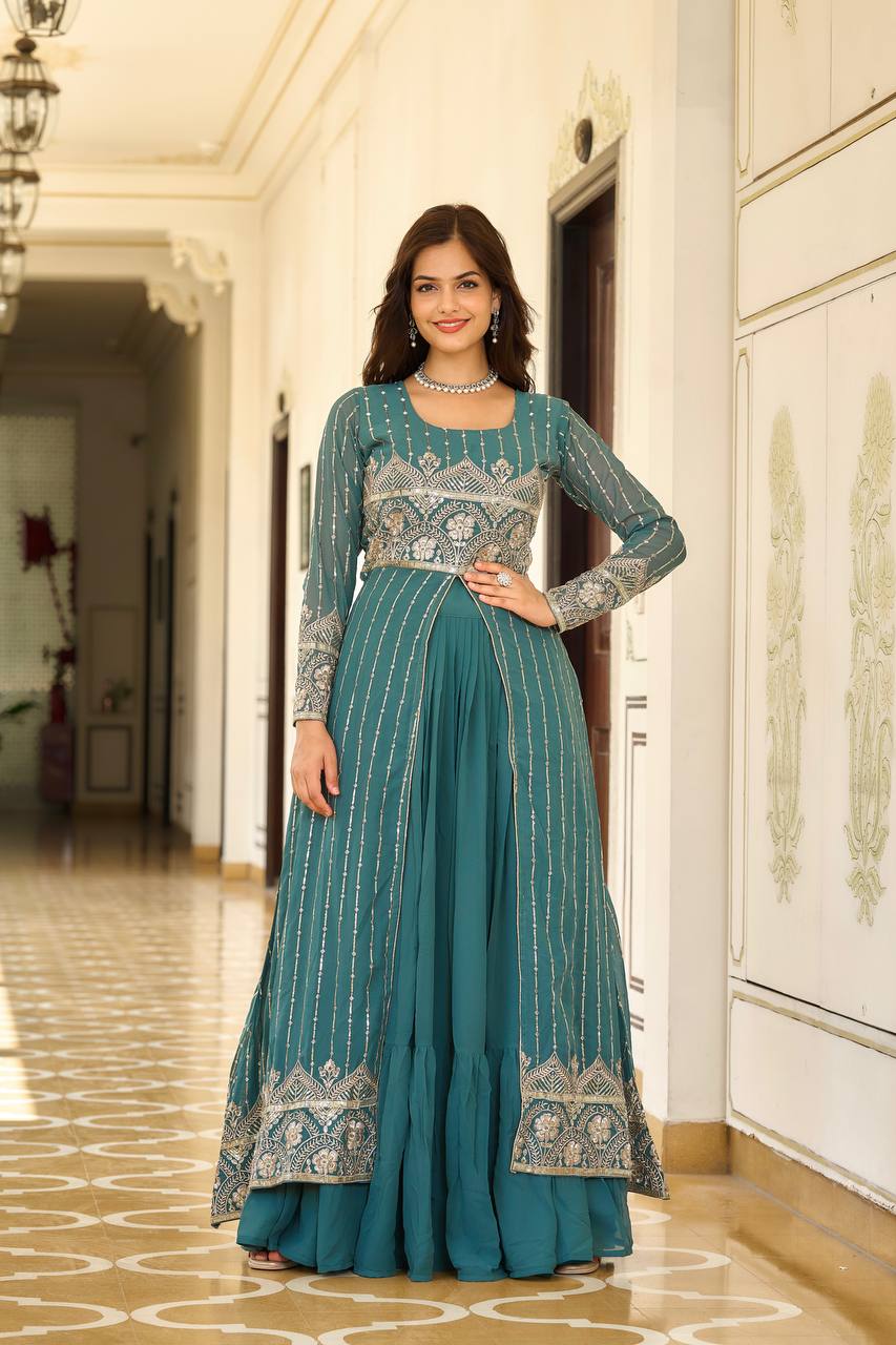 Designer Faux Georgette Lehenga Choli With Attached Embroidered Shrug - ETHNICDEAL