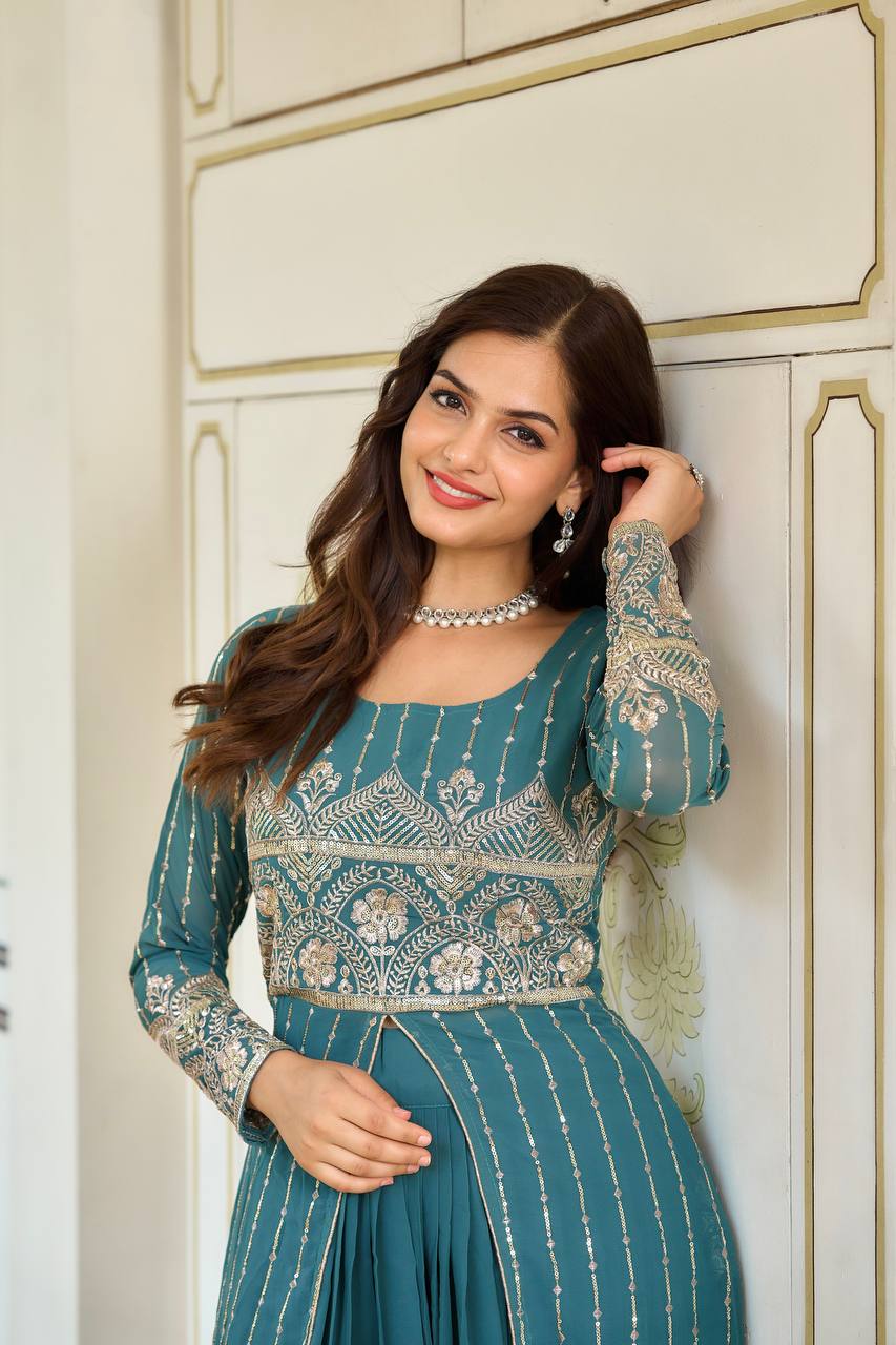 Designer Faux Georgette Lehenga Choli With Attached Embroidered Shrug - ETHNICDEAL
