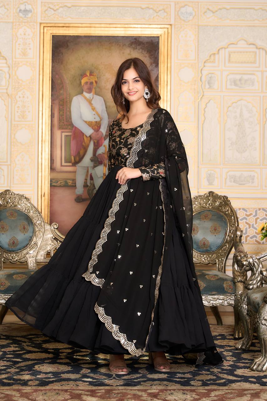 Elegant Faux Georgette Gown Pure Jacquard Work With Matching Dupatta - ETHNICDEAL