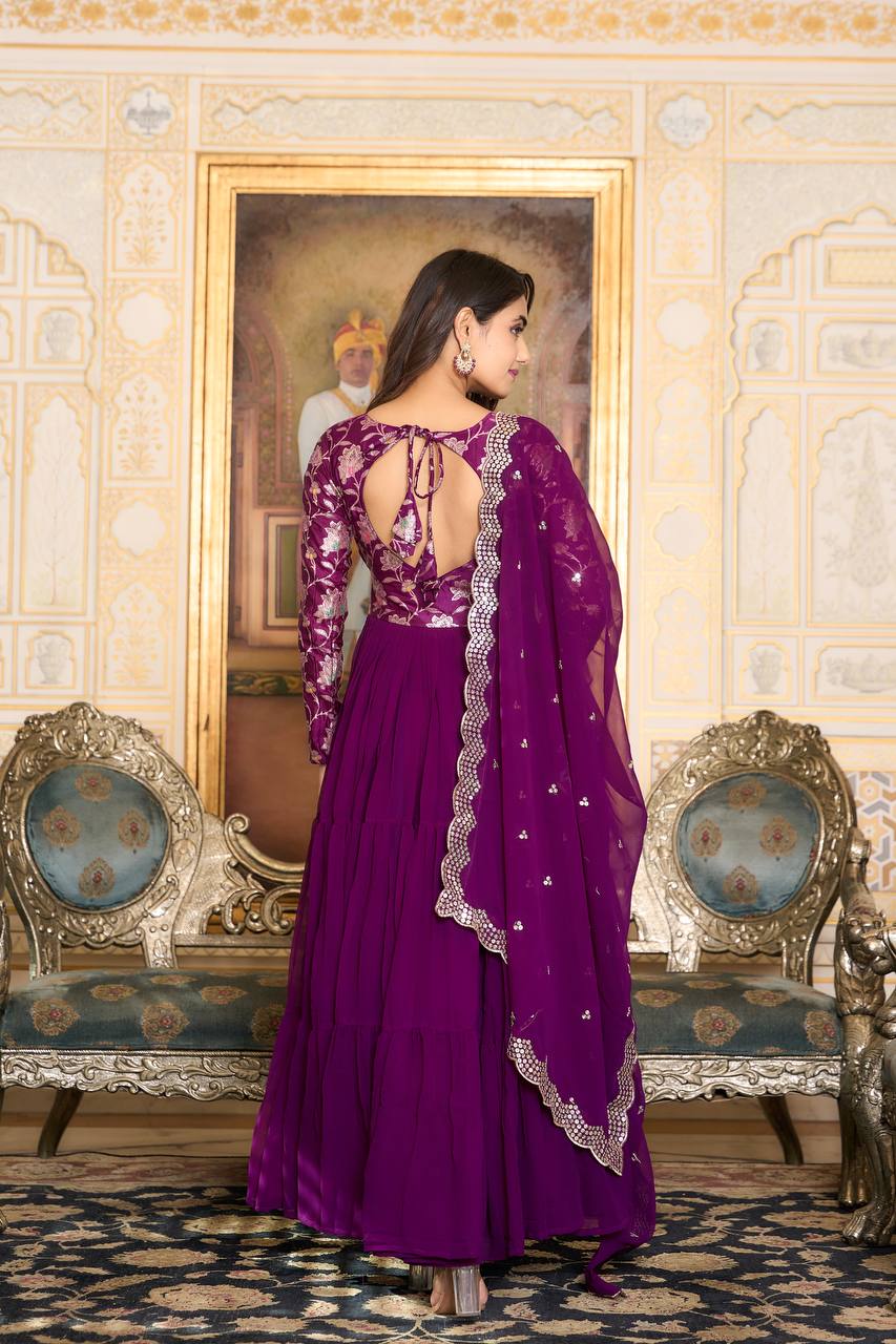 Elegant Faux Georgette Gown Pure Jacquard Work With Matching Dupatta - ETHNICDEAL