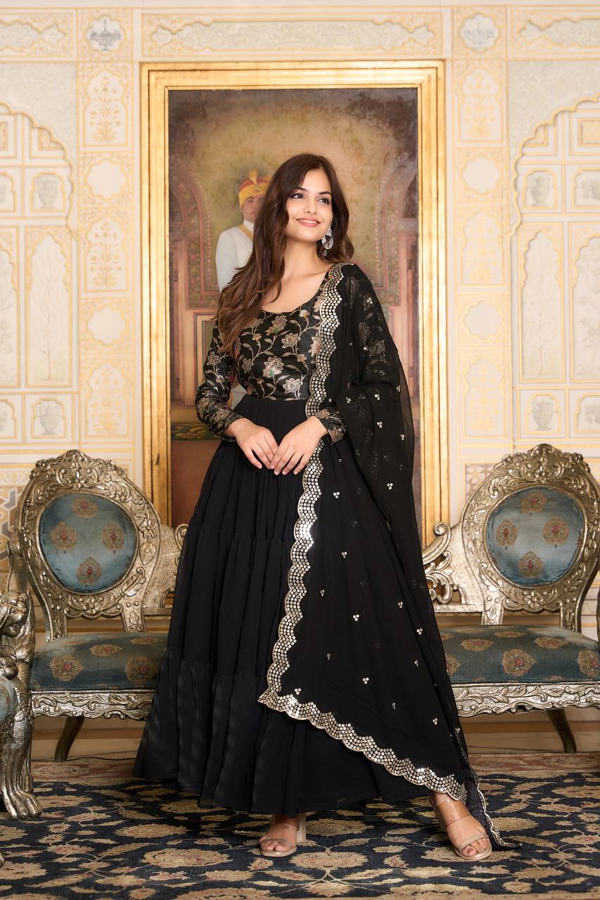 Elegant Faux Georgette Gown Pure Jacquard Work With Matching Dupatta - ETHNICDEAL