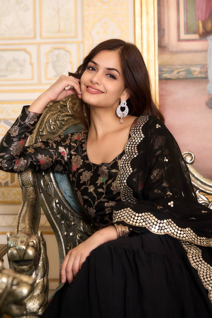 Elegant Faux Georgette Gown Pure Jacquard Work With Matching Dupatta - ETHNICDEAL