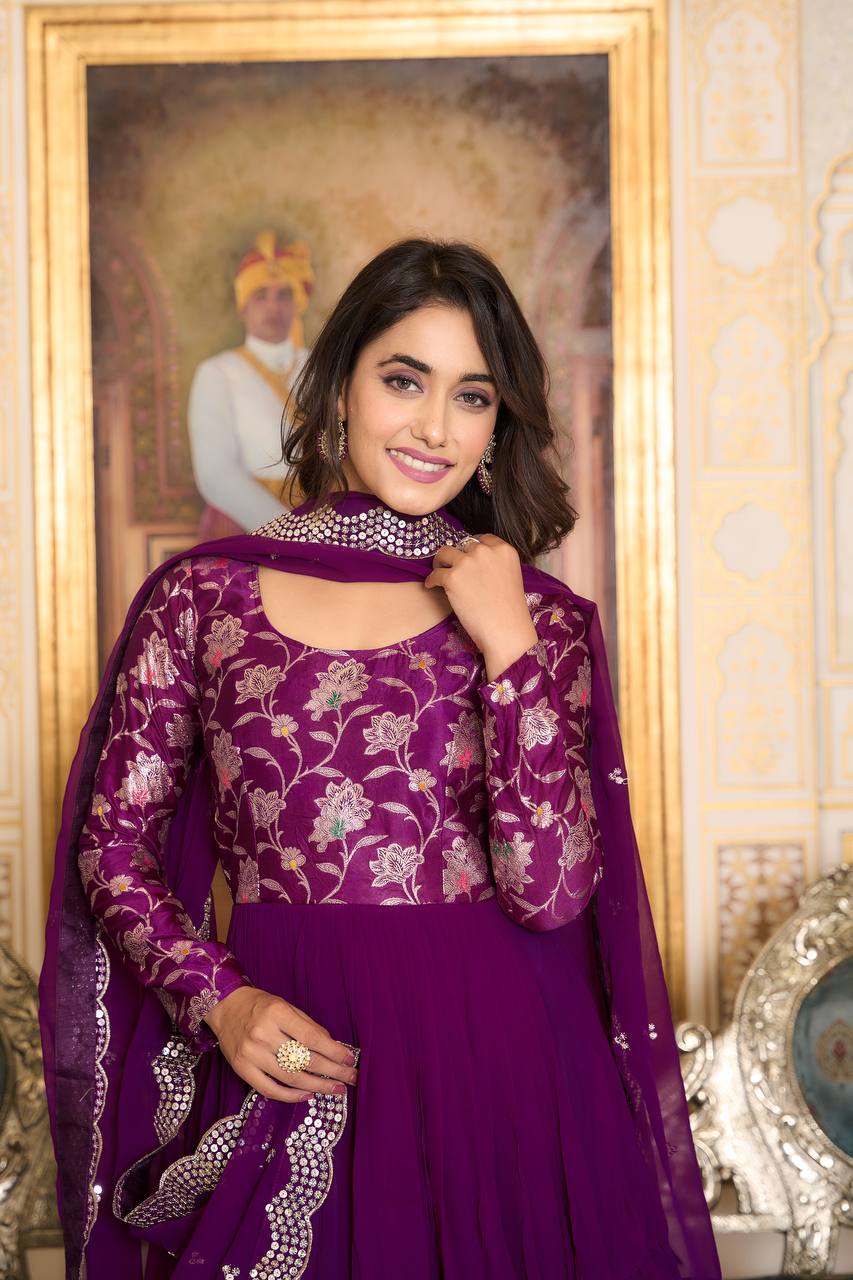 Elegant Faux Georgette Gown Pure Jacquard Work With Matching Dupatta - ETHNICDEAL