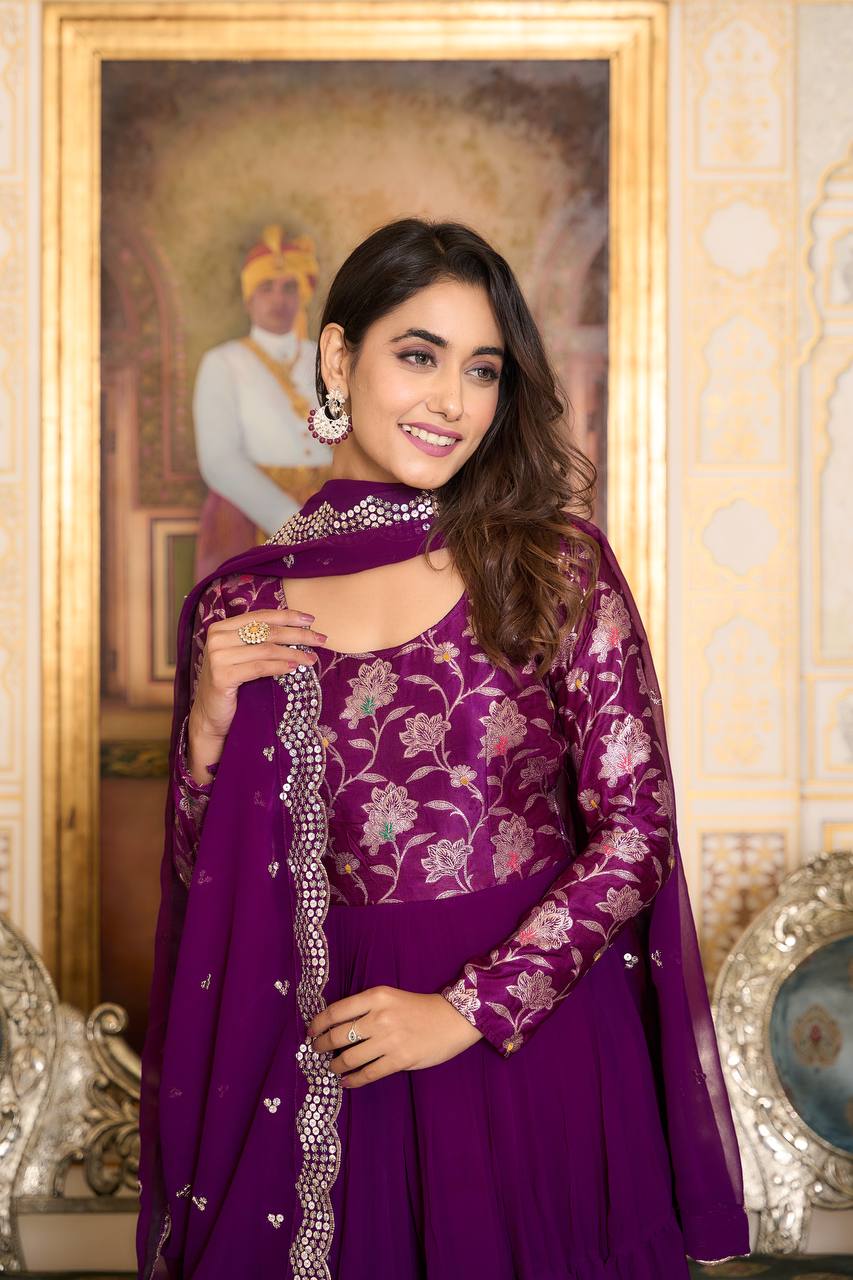 Elegant Faux Georgette Gown Pure Jacquard Work With Matching Dupatta - ETHNICDEAL