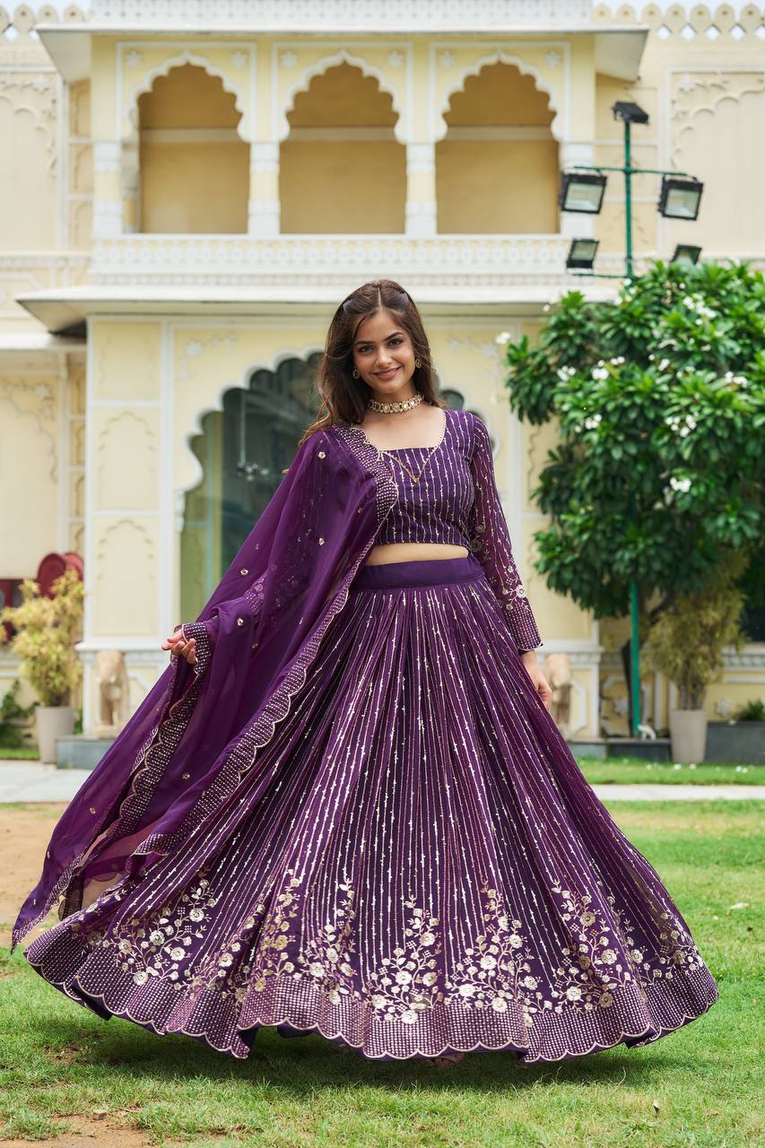 Divine Faux Georgette Sequins Embroidered Lehenga Choli - ETHNICDEAL