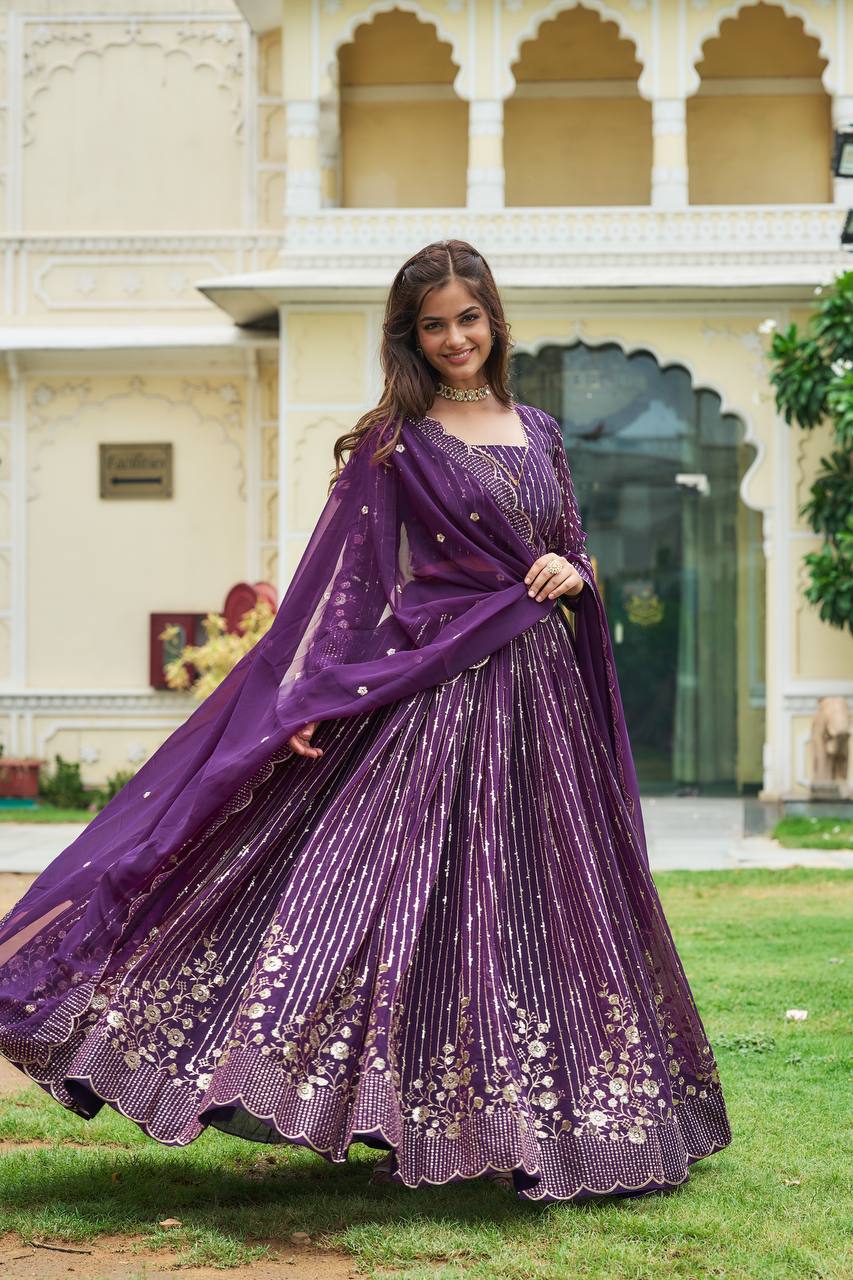 Divine Faux Georgette Sequins Embroidered Lehenga Choli - ETHNICDEAL