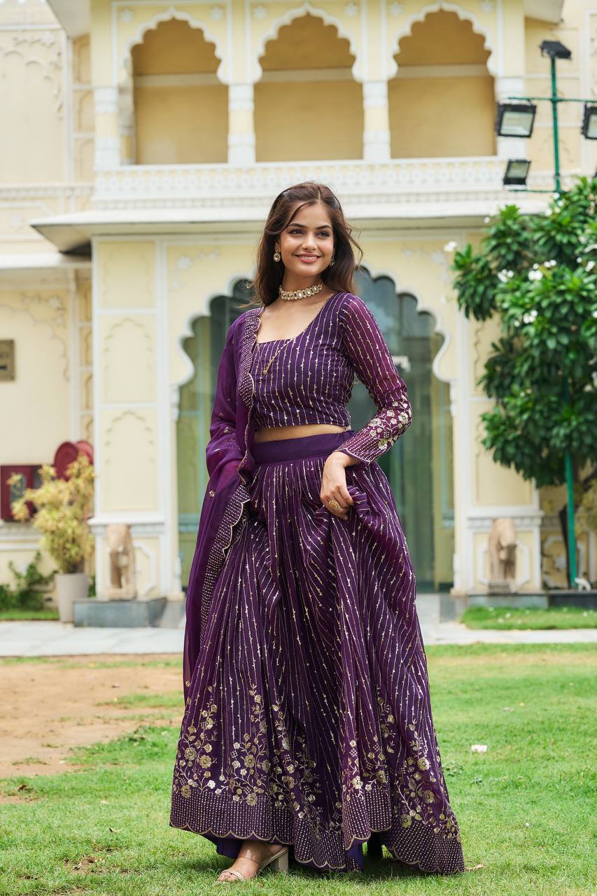 Divine Faux Georgette Sequins Embroidered Lehenga Choli - ETHNICDEAL