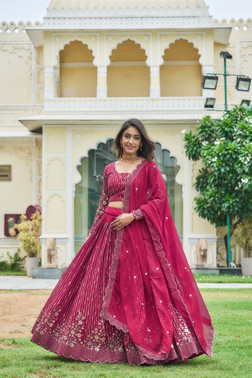 Divine Faux Georgette Sequins Embroidered Lehenga Choli - ETHNICDEAL