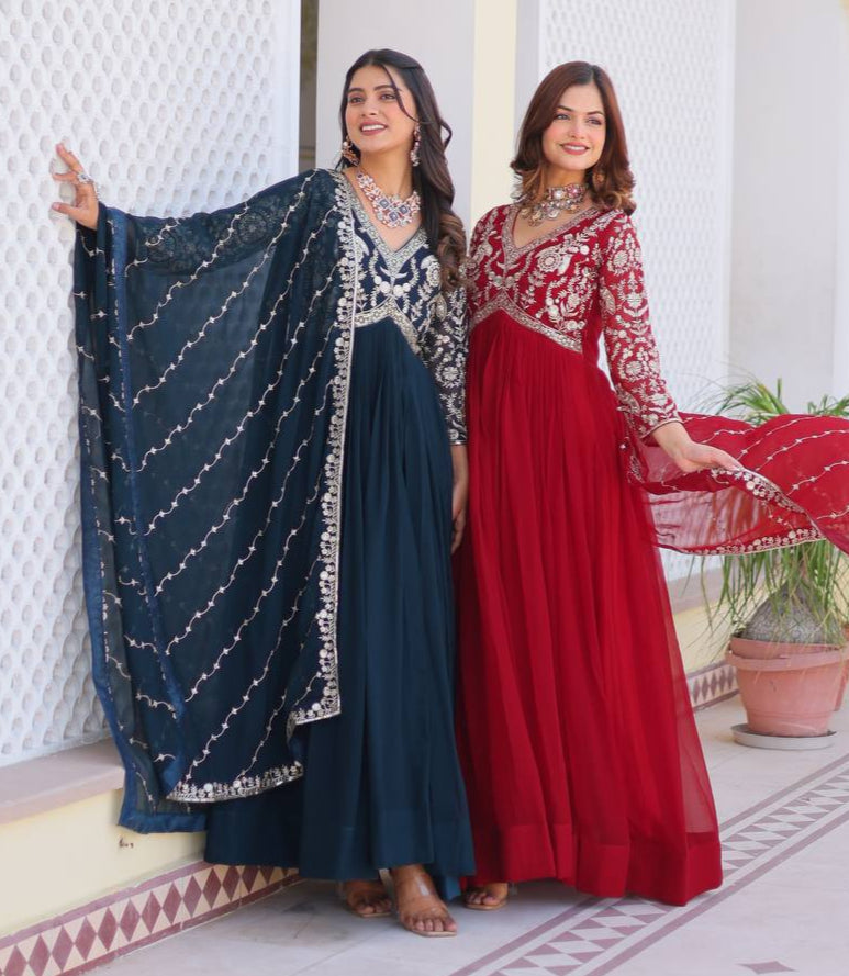 Fabulous Faux Georgette Heavy Sequins Embroidered Gown With Dupatta - ETHNICDEAL