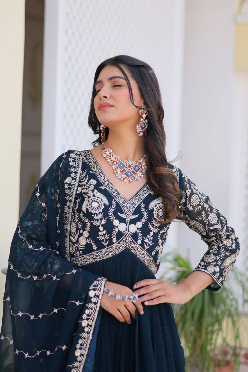 Fabulous Faux Georgette Heavy Sequins Embroidered Gown With Dupatta - ETHNICDEAL