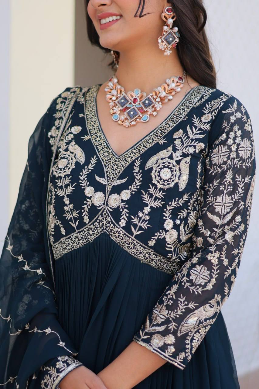 Fabulous Faux Georgette Heavy Sequins Embroidered Gown With Dupatta - ETHNICDEAL